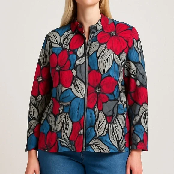 Afred Dunner women's cotton blend floral print zip up blazer jacket, size 16 - Picture 1 of 16